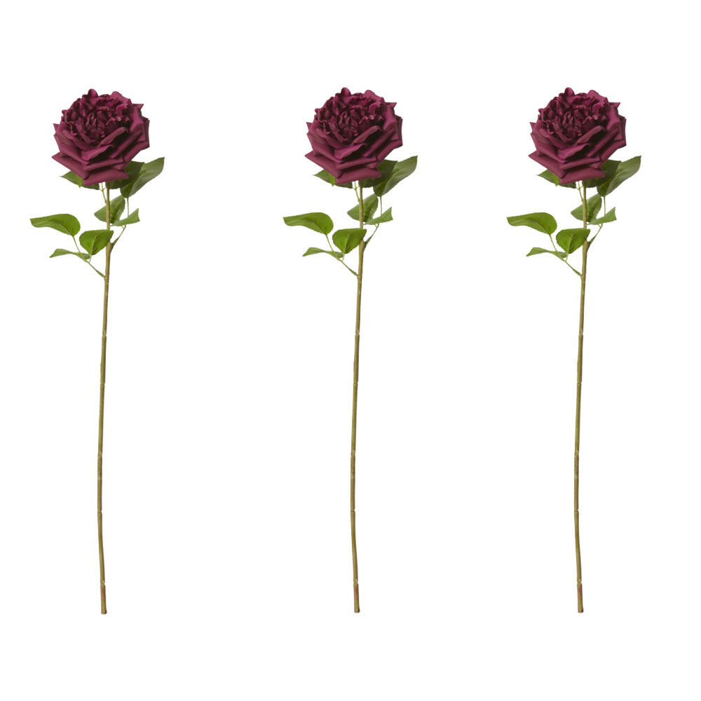 3PK E Style Rose Austin Stem Elegant Artificial Flower Burgundy 22x14x66cm