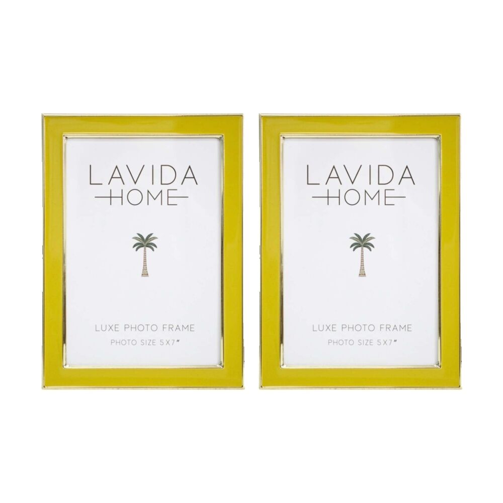2PK LVD Mustard 5x7 Gold Trim Iron/ Glass Photo Frame Home Decor 19x14x1.5cm