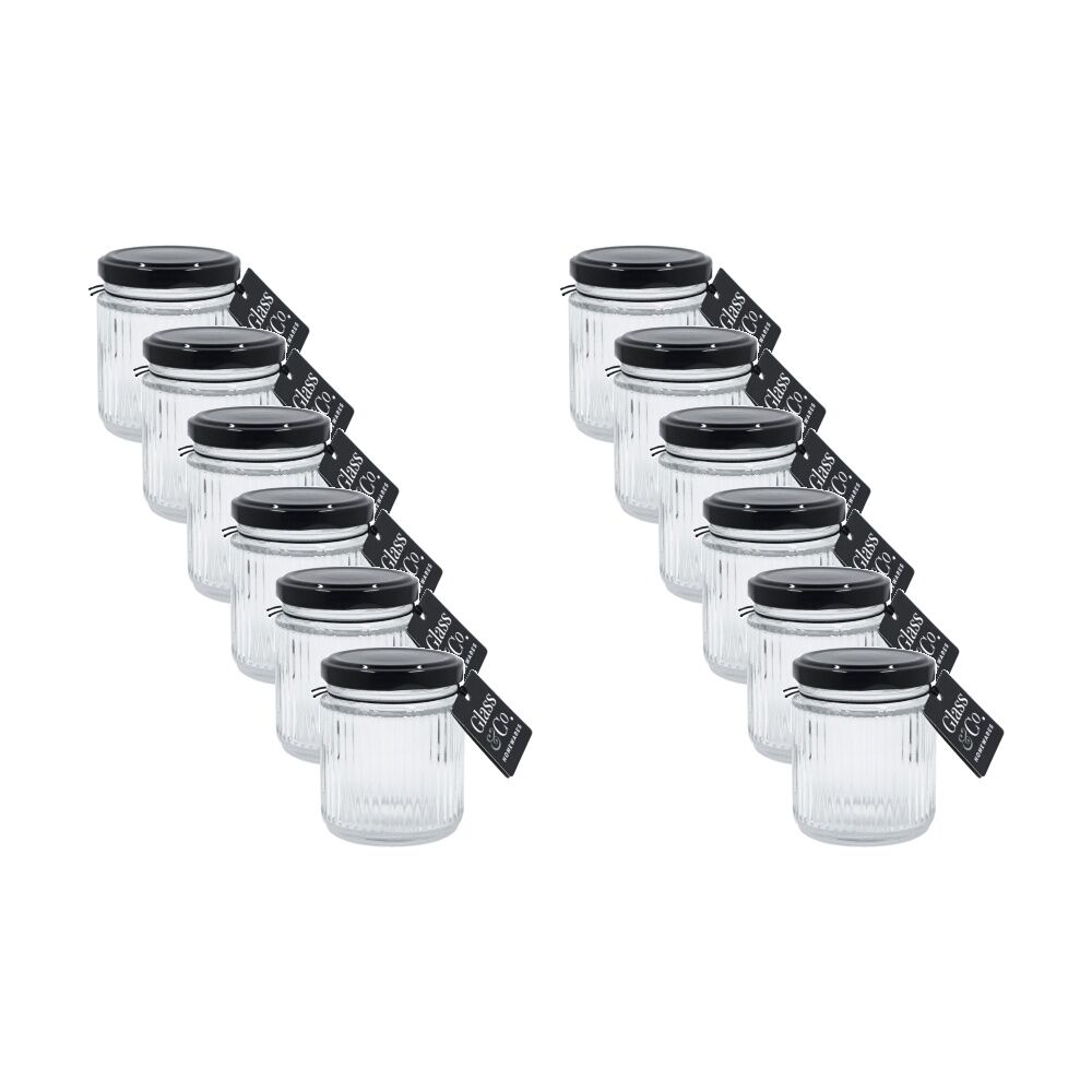 12PK Glass & Co Homeware Cleo Ribbed Storage Jar W/ Lid 130ml Black