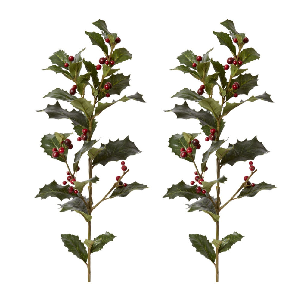 2PK E Style Holly Spray Realistic Artificial Flower Plastic Red Green 74cm