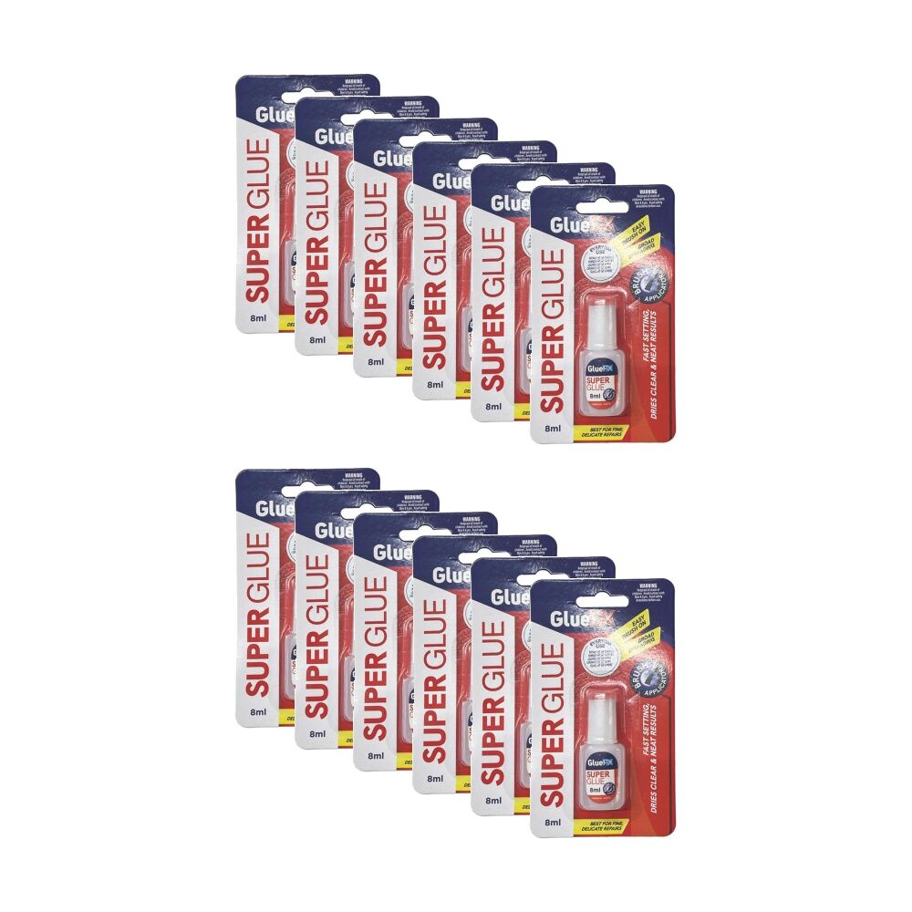 12PK GlueFix Fast Setting Dries Clear Precise Repairs Super Glue Brush 8ml