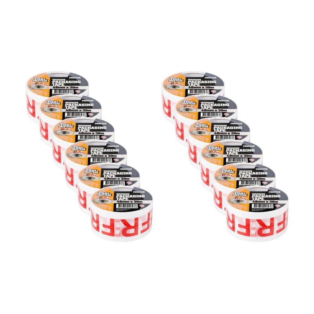 12PK Tool Masters Warning Fragile Printed Packaging Tape Roll 48mm x 30m
