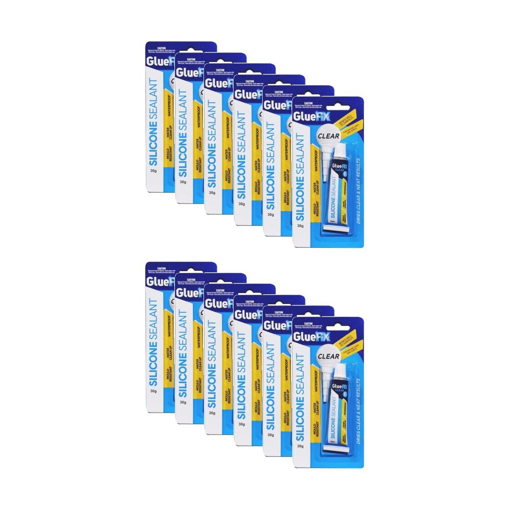 12PK GlueFix Waterproof Mould-Resistant Silicone Sealant Glue Tube 30g Clear