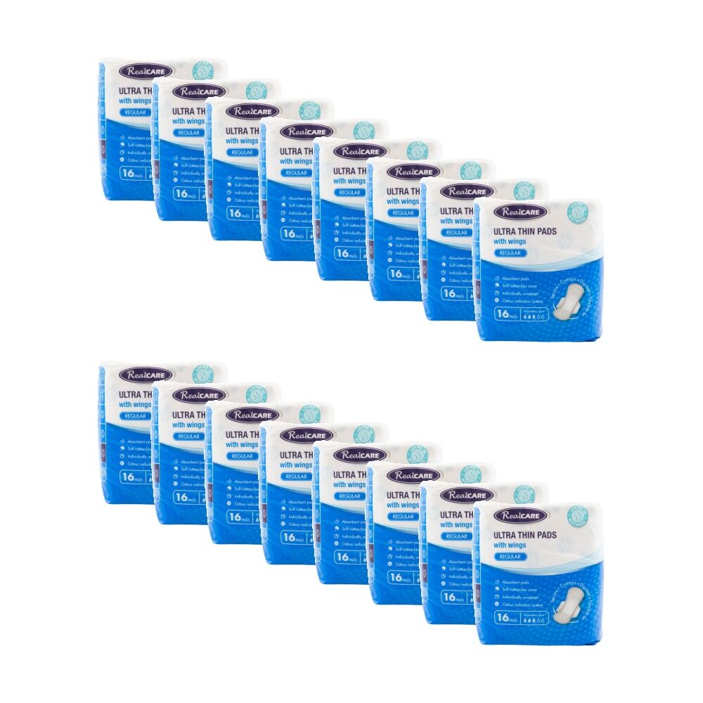 16x 16pc Real Care Ultra Thin Pads With Wings Regular Absorbency Level 3 Pack