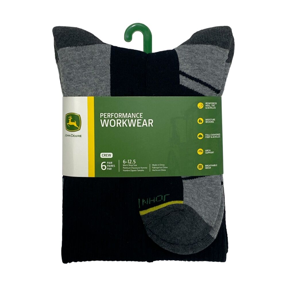 2x 6pc John Deere Crew Performance Socks (Size 10-13) Black Mens