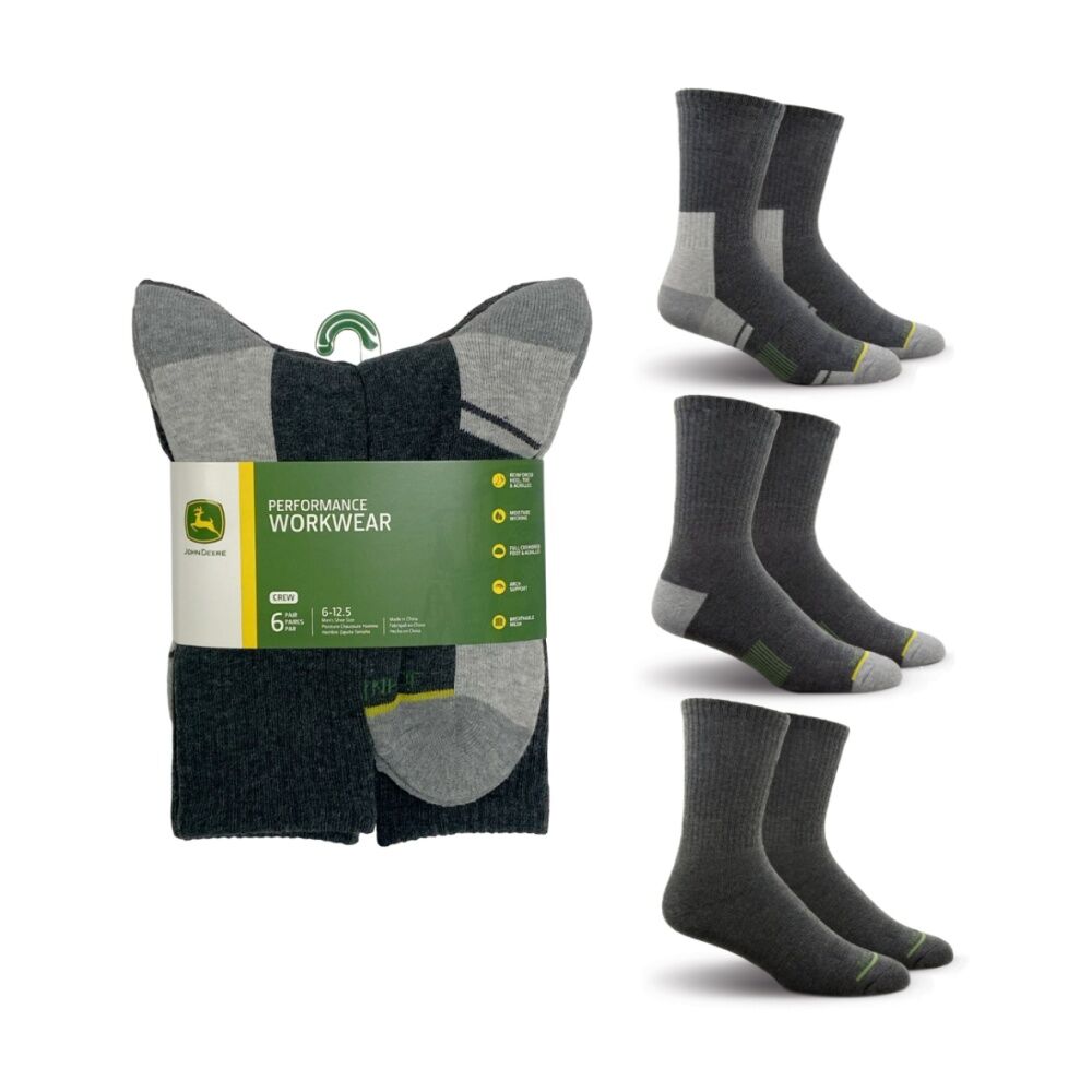 2x 6pc John Deere Crew Performance Socks (Size 10-13) Grey Mens