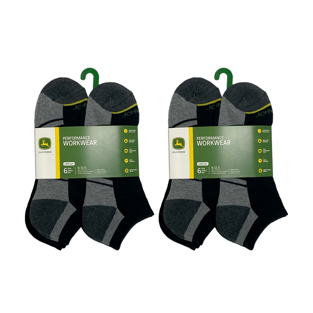 2x 6pc John Deere Low Cut Performance Socks (Size 10-13) Black Mens