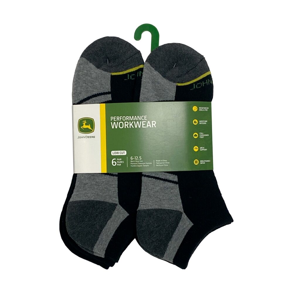 2x 6pc John Deere Low Cut Performance Socks (Size 10-13) Black Mens