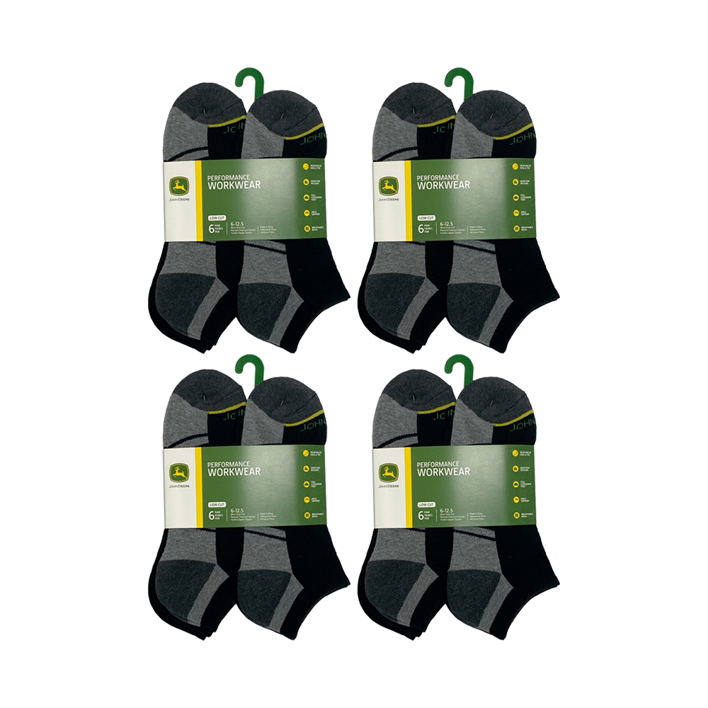 4x 6pc John Deere Low Cut Performance Socks (Size 10-13) Black Mens