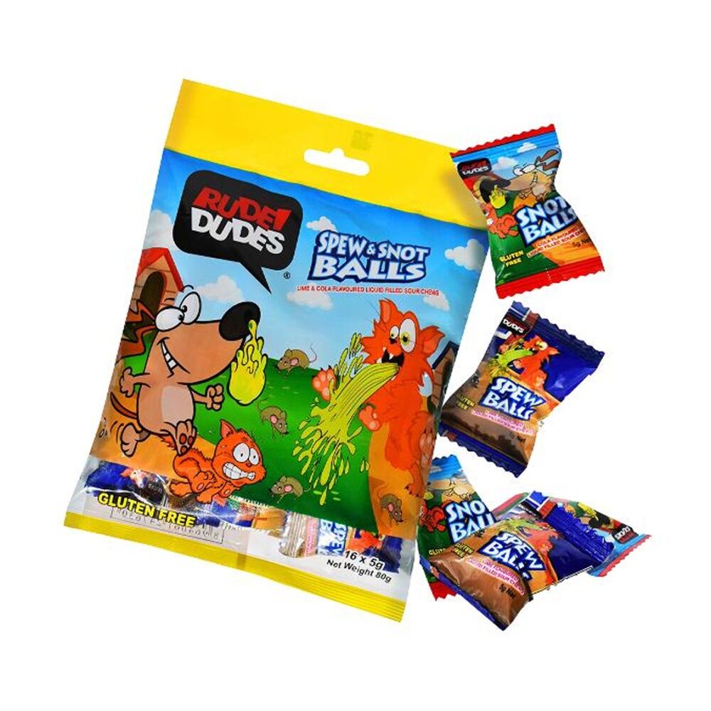 24PK AIT Rude Dudes Spew & Snot Balls Lime/Cola Filled Sour Chews 80g Assorted