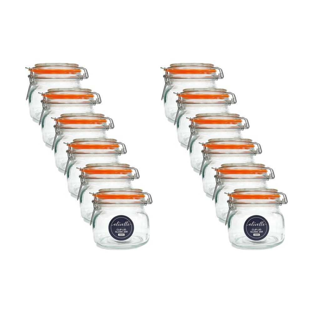 12PK Olivelle Glass Storage Jar W/ Rubber Seal & Airtight Clip Lid 500ml Clear