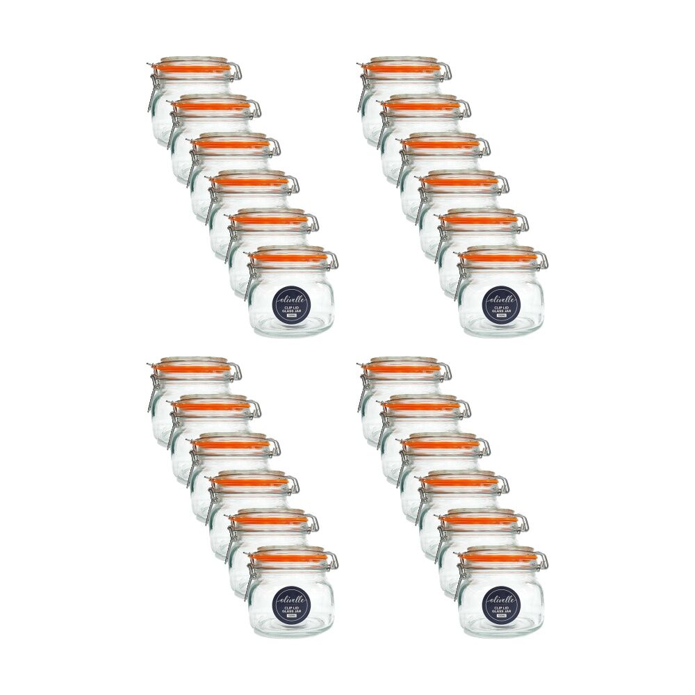 24PK Olivelle Glass Storage Jar W/ Rubber Seal & Airtight Clip Lid 500ml Clear
