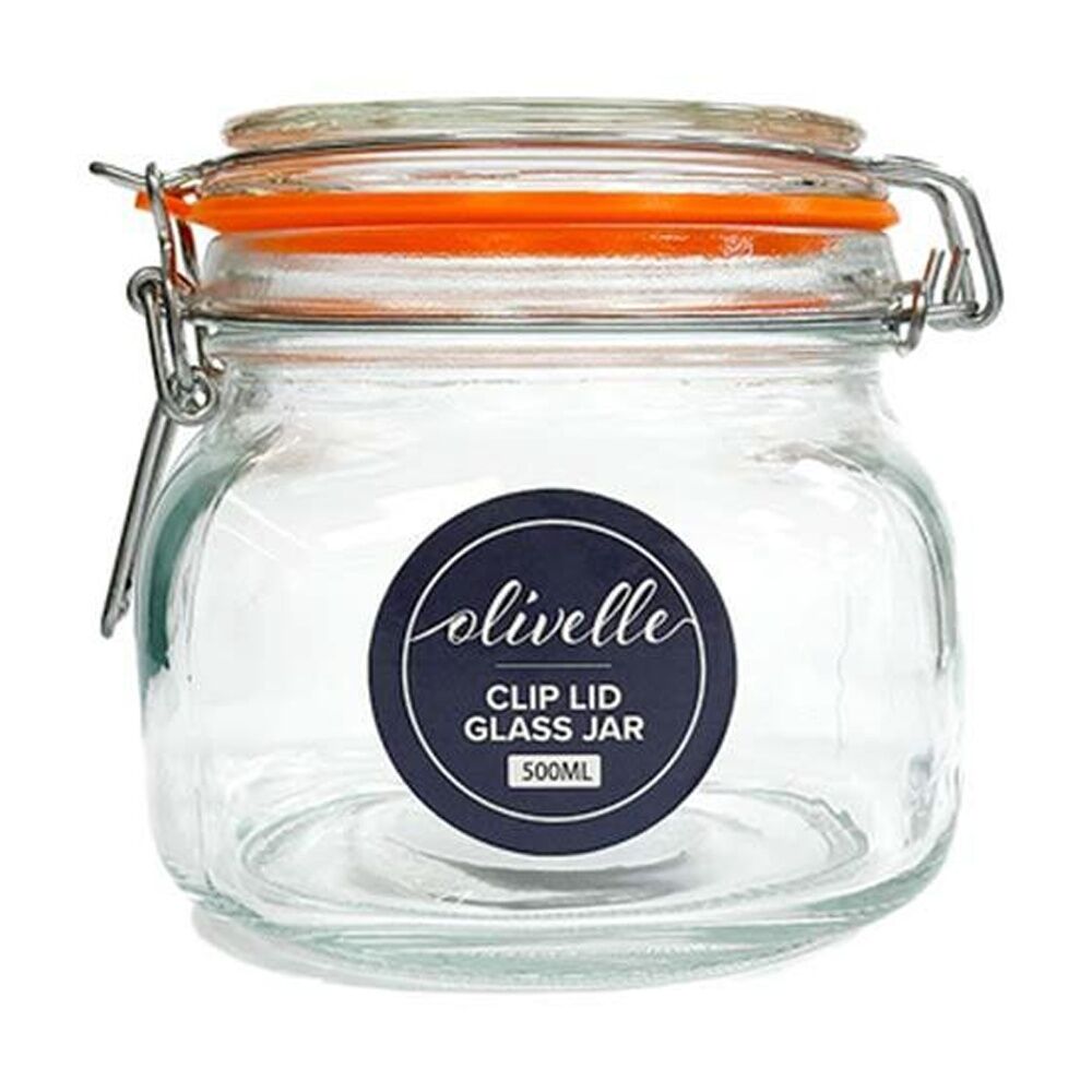 24PK Olivelle Glass Storage Jar W/ Rubber Seal & Airtight Clip Lid 500ml Clear