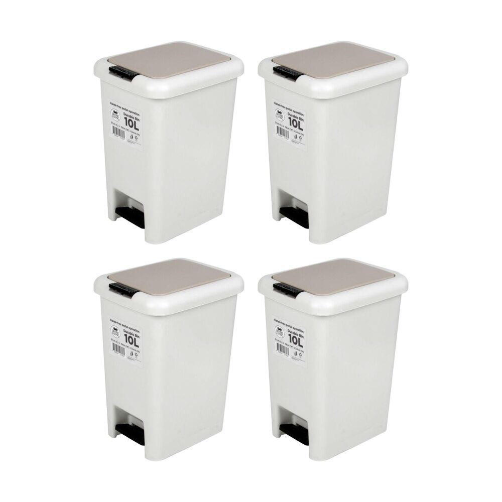 4PK Braz Pedal Top Foot Operated Plastic Bin /W Beige Lid 10L White