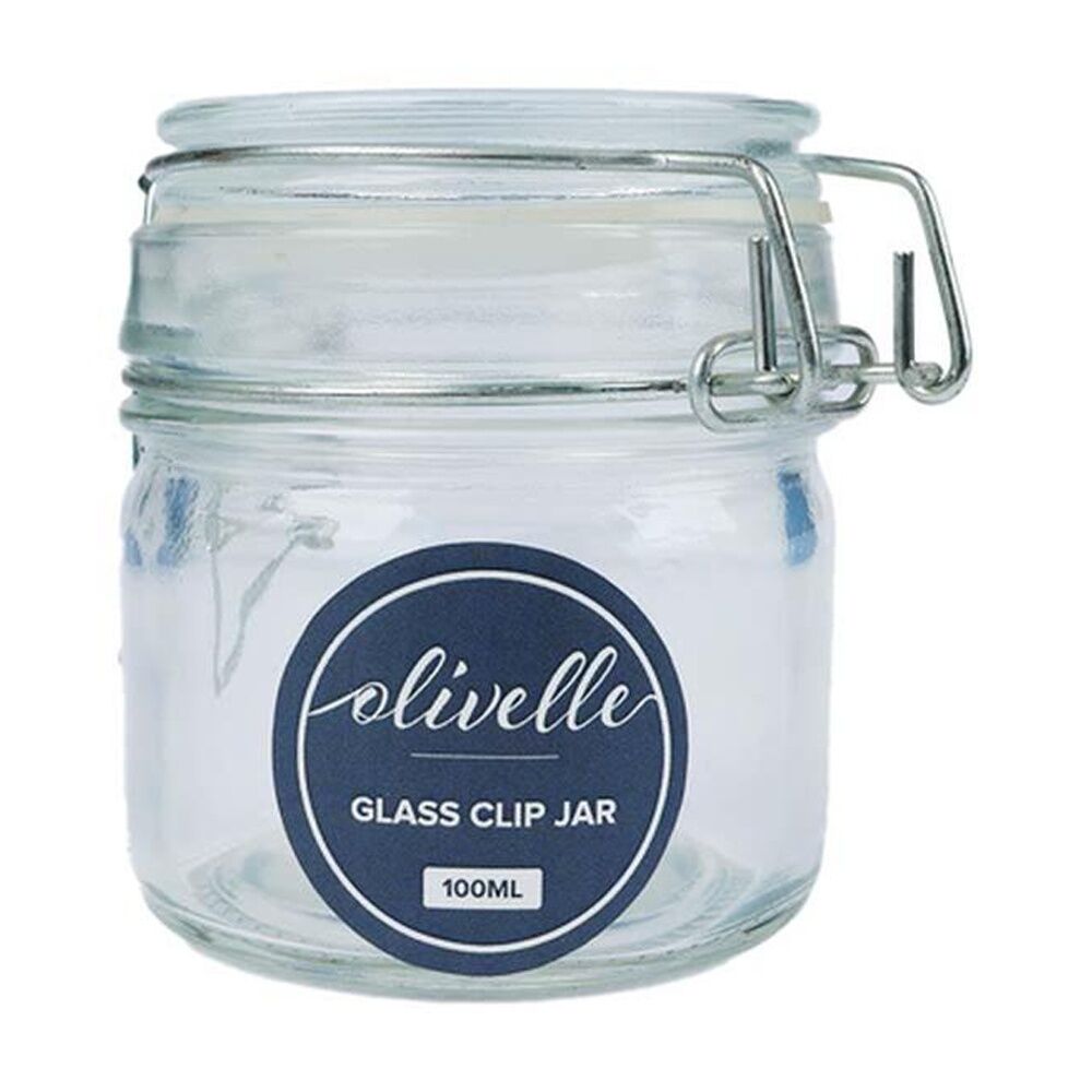 16PK Olivelle Glass Storage Jar W/ Metal Clasp & Airtight Clip Lid 100ml Clear