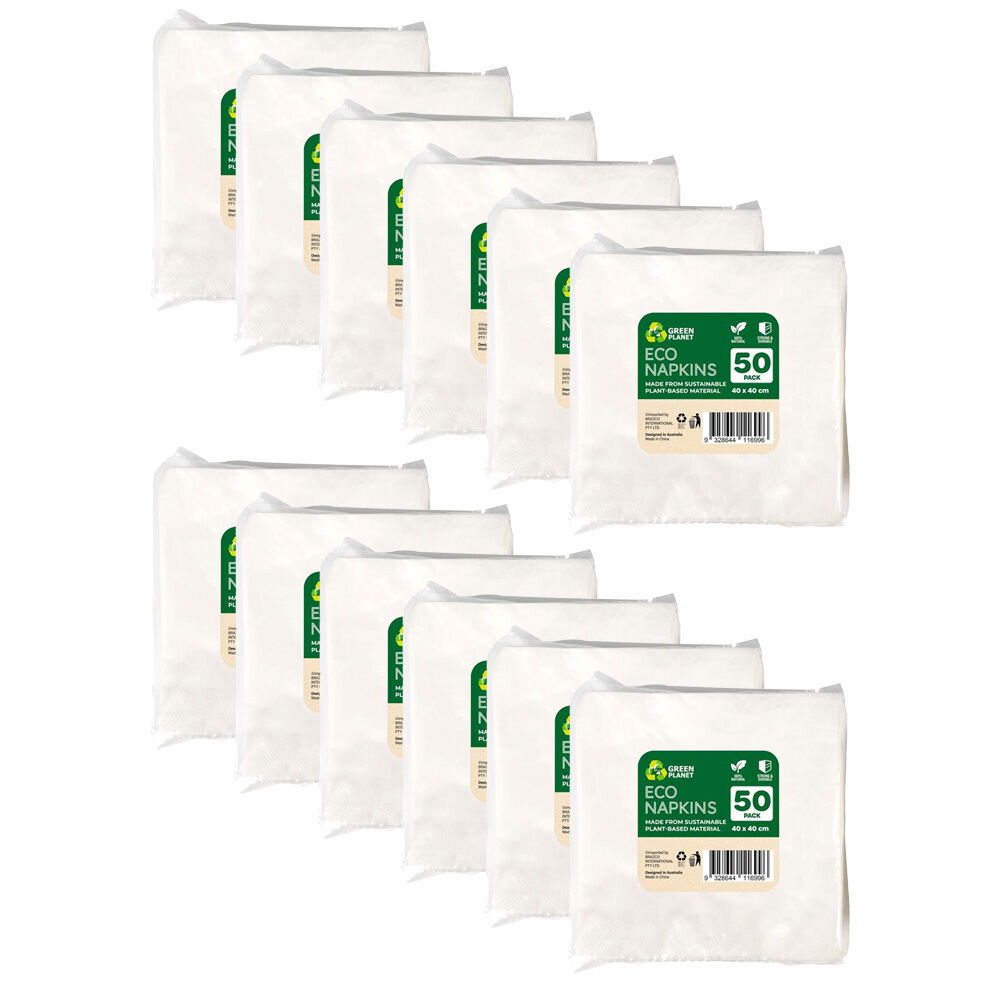 12x 50pc Braz Earth Sustainable Plant-Based Durable Napkins 40x40cm White
