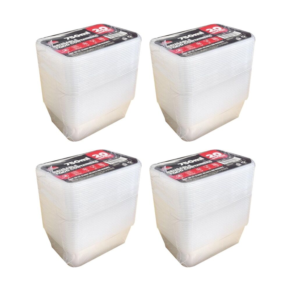 4x 20pc Braz Reusable Rectangular Food Storage Containers W/ Lids 750ml Clear
