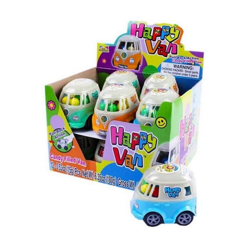 24PK Kidsmania Happy Van Pull Back Toy Filled W/ Candy 15g Assorted