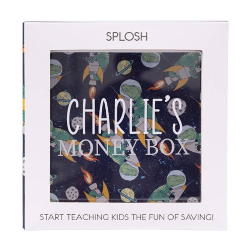 2PK Splosh Kids Money Box Charlie Personalised White Dark Blue 13x5x13cm
