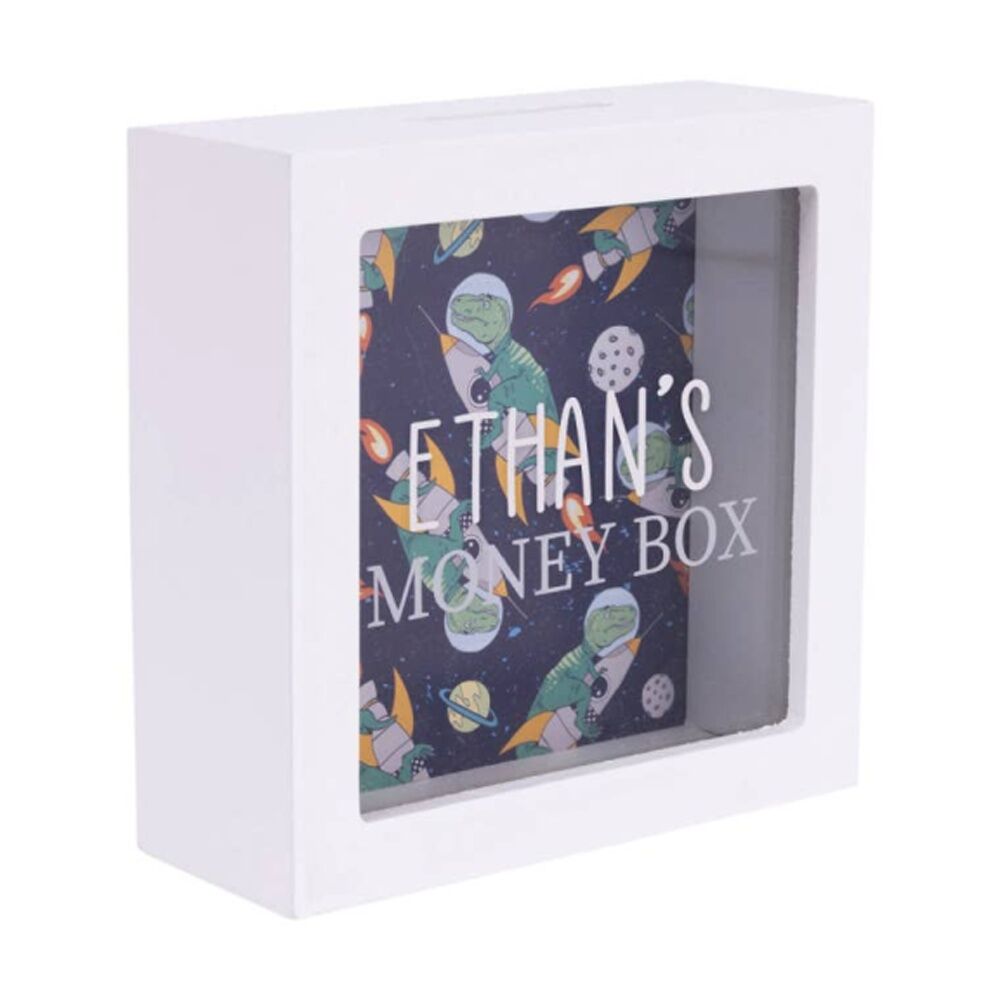 Splosh Money Box Ethan Personalised Name White Dark Blue 13x5x13cm