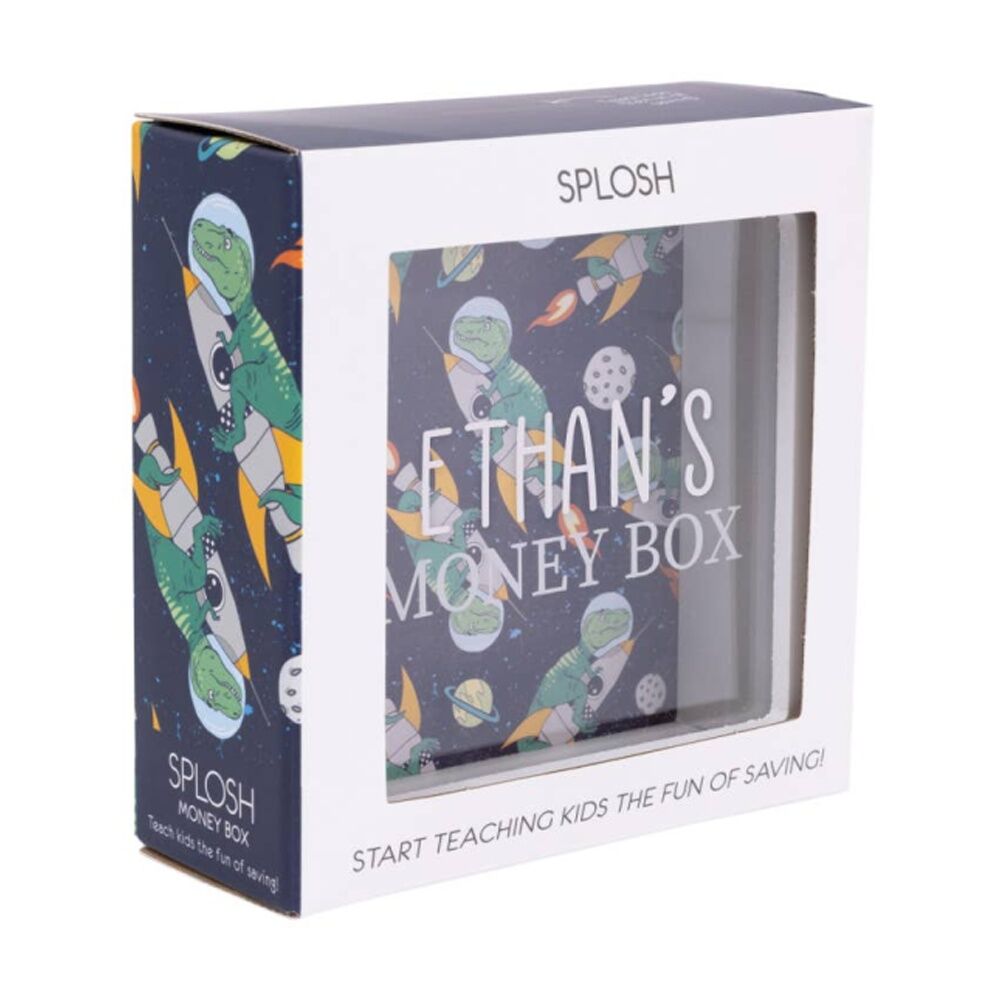Splosh Money Box Ethan Personalised Name White Dark Blue 13x5x13cm