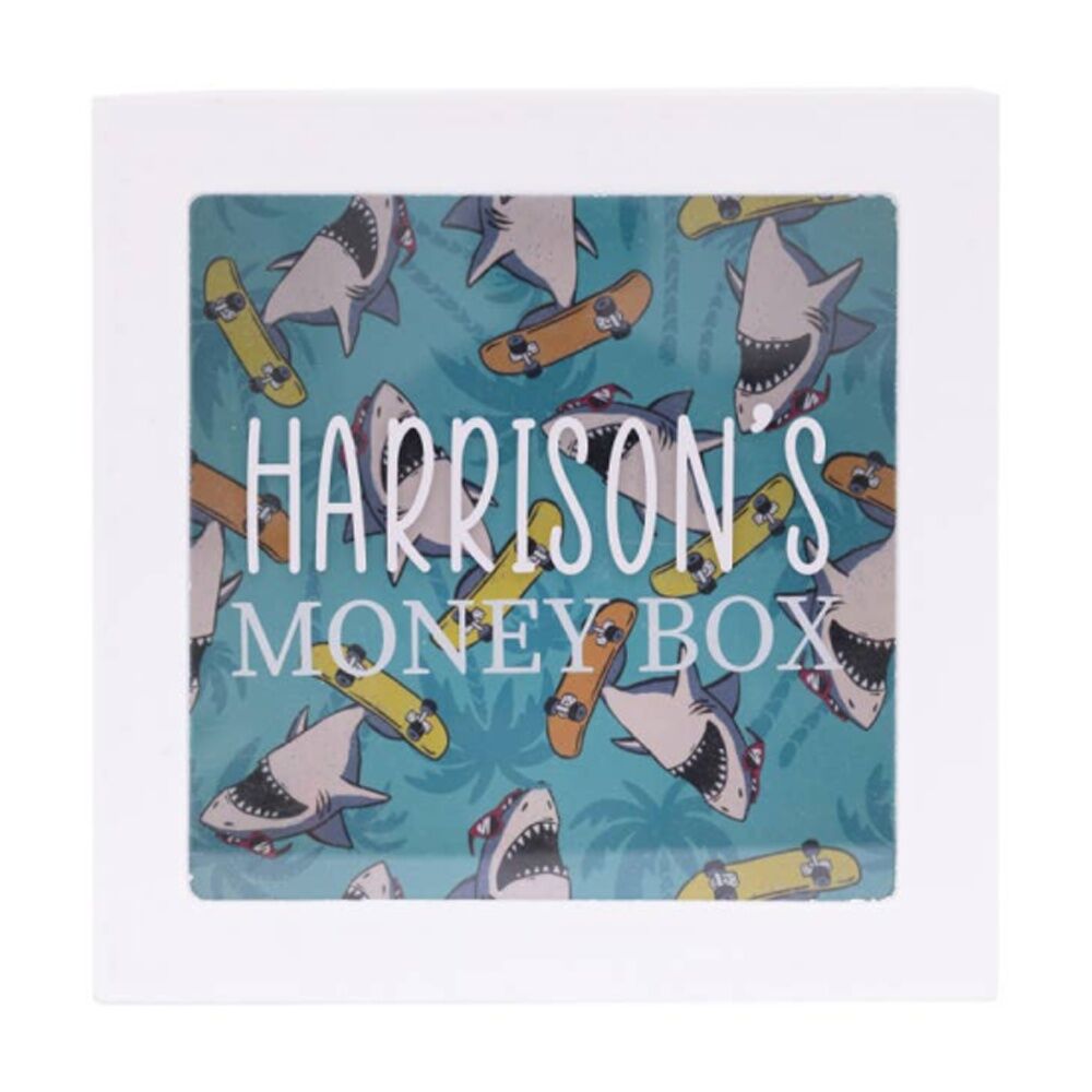 2PK Splosh Money Box Harrison Personalised Name White Green 13x5x13cm