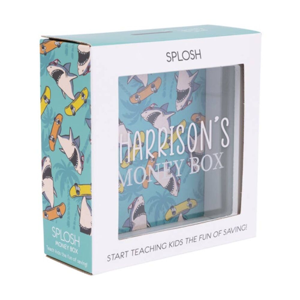 2PK Splosh Money Box Harrison Personalised Name White Green 13x5x13cm