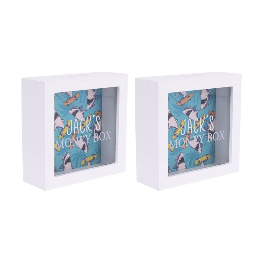 2PK Splosh Money Box Jack Personalised Name Wooden White Green 13x5x13cm