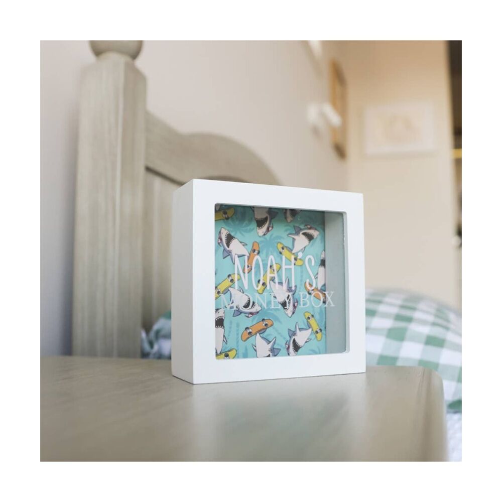 Splosh Kids Money Box Noah Personalised Wooden White Green 13x5x13cm