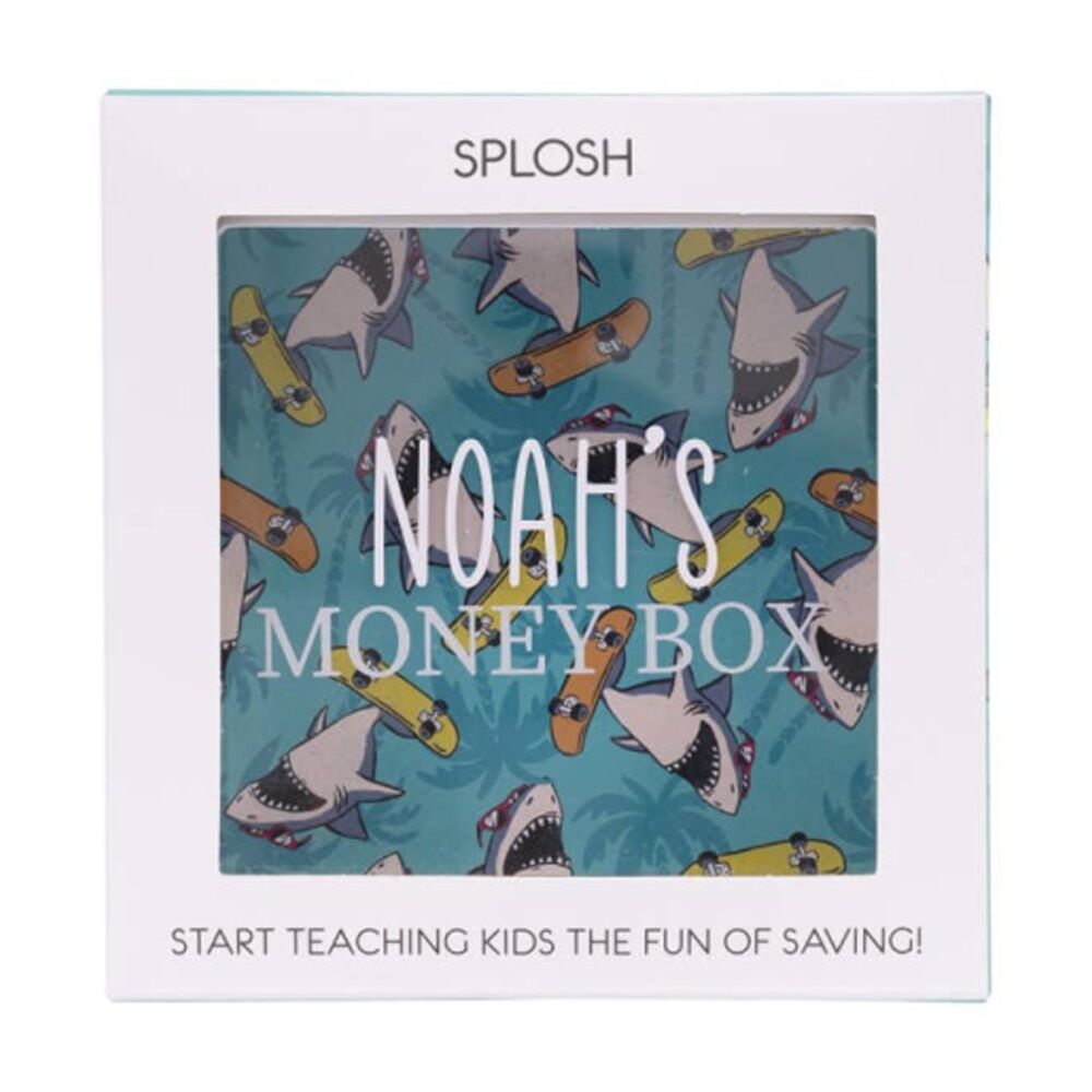 Splosh Kids Money Box Noah Personalised Wooden White Green 13x5x13cm
