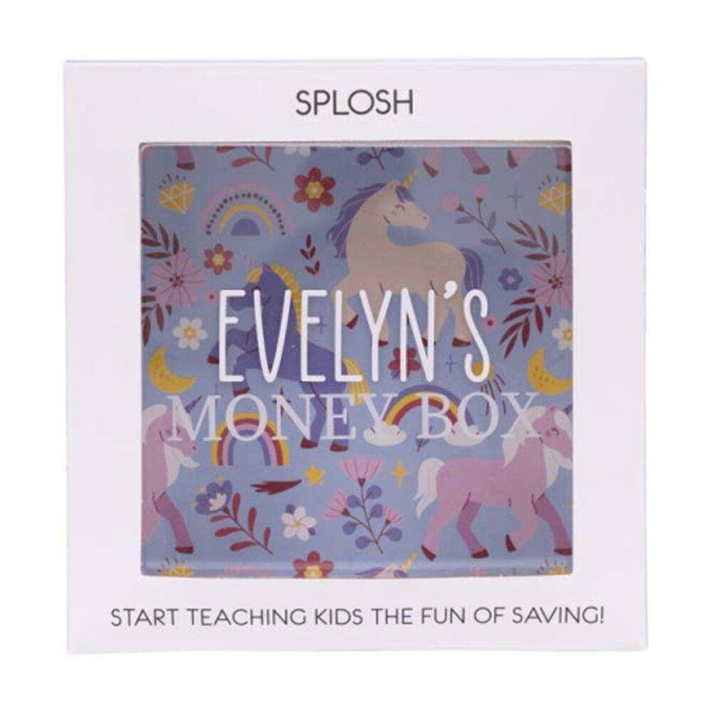 Splosh Kids Money Box Evelyn Personalised Name White Blue 13x5x13cm