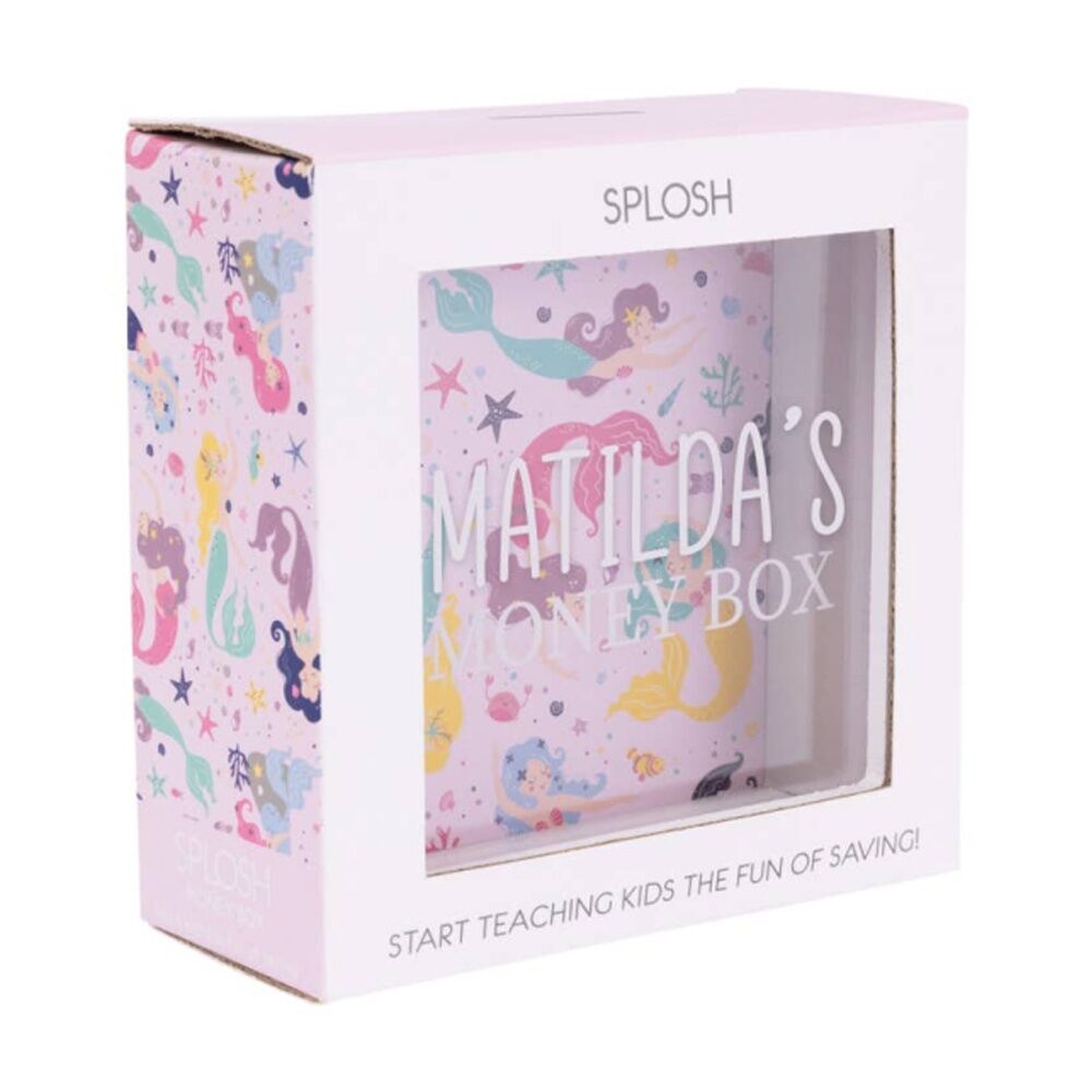 Splosh Kids Money Box Matilda Personalised Name White Pink 13x5x13cm