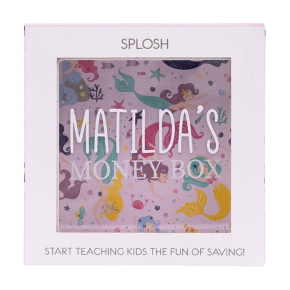 Splosh Kids Money Box Matilda Personalised Name White Pink 13x5x13cm