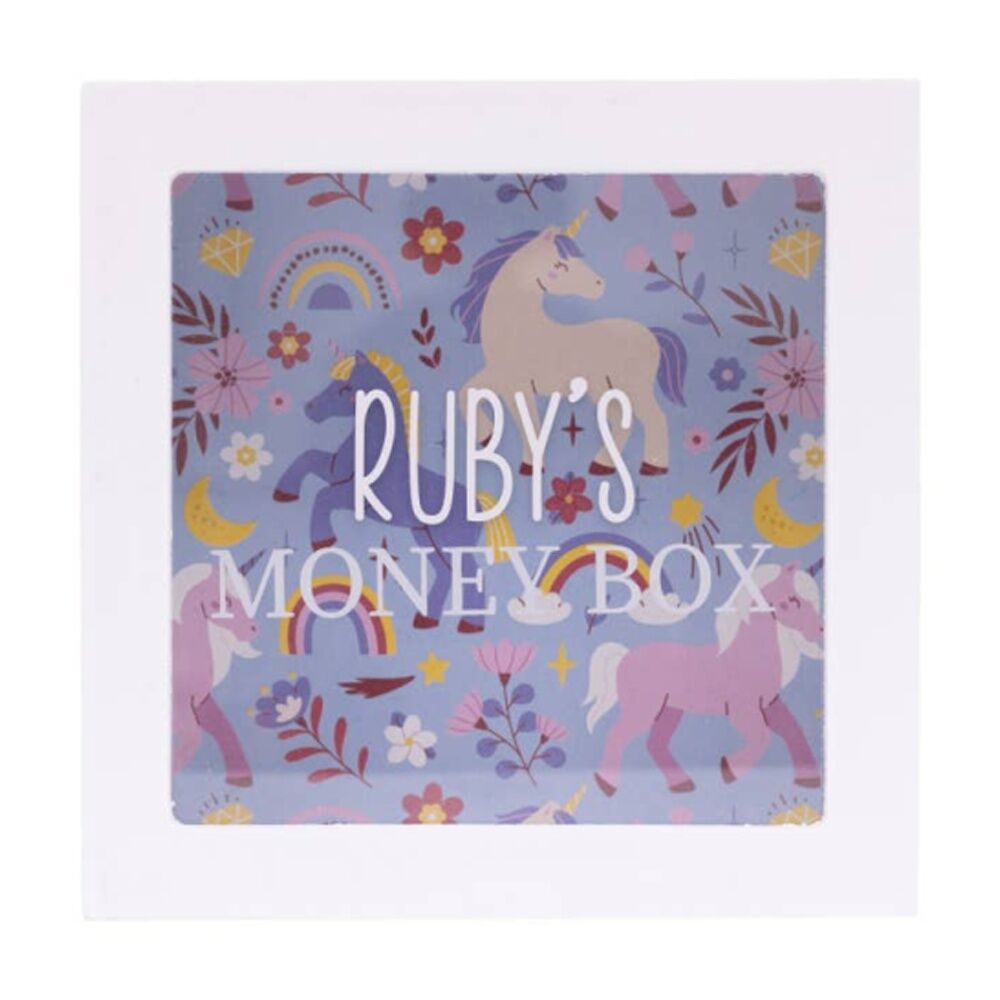2PK Splosh Kids Money Box Ruby Personalised Name White Blue 13x5x13cm