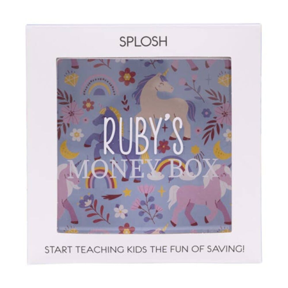 2PK Splosh Kids Money Box Ruby Personalised Name White Blue 13x5x13cm