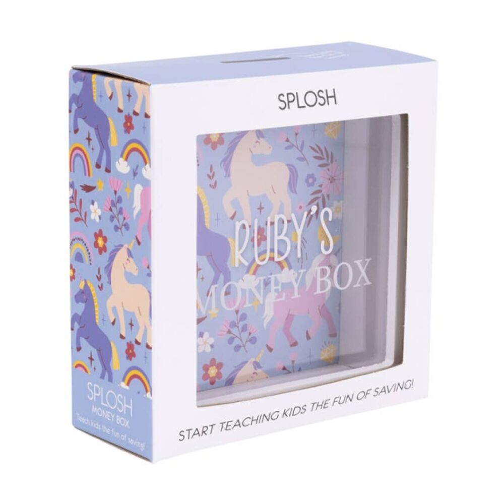 2PK Splosh Kids Money Box Ruby Personalised Name White Blue 13x5x13cm