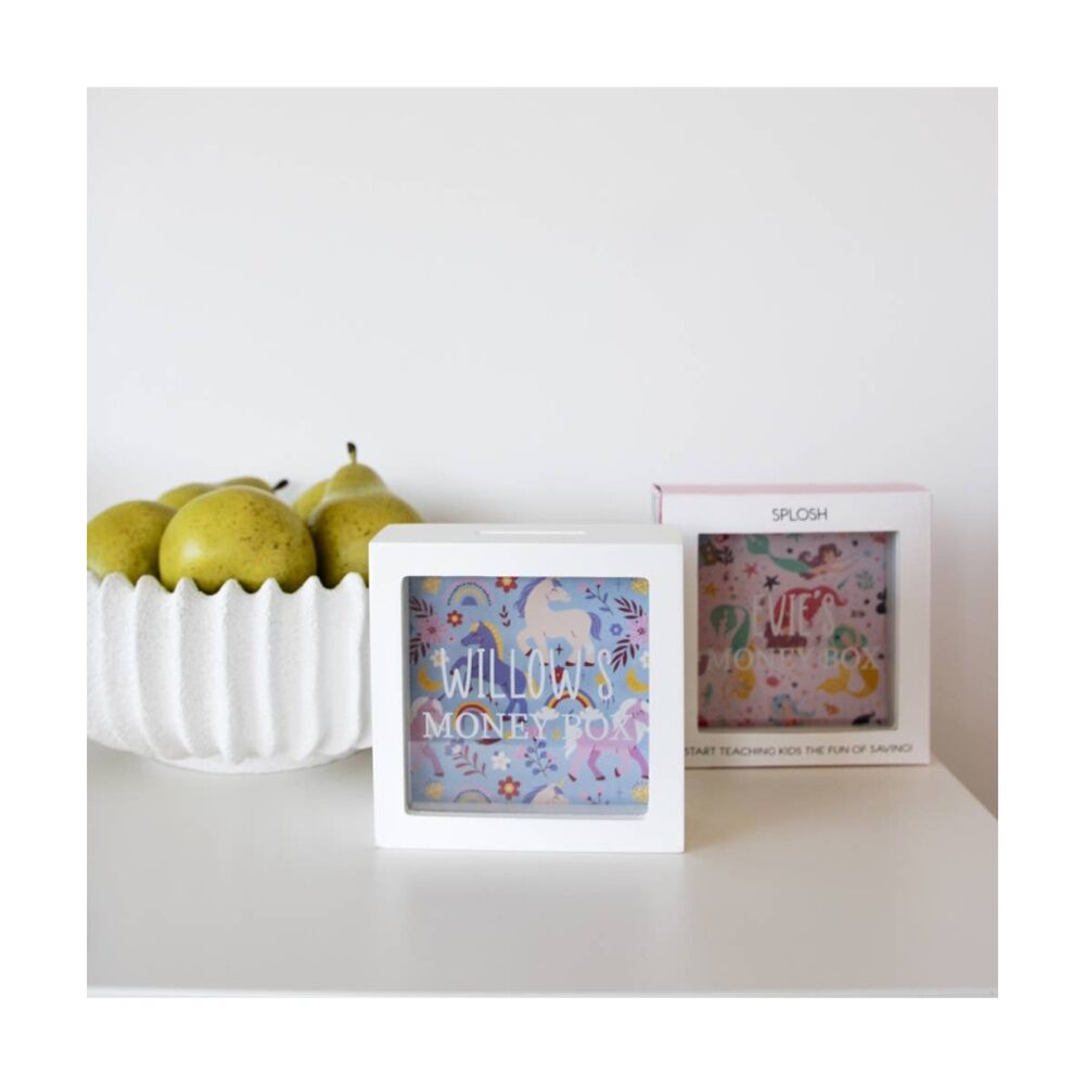 Splosh Kids Money Box Zoe Personalised Name Wood White Pink 13x5x13cm
