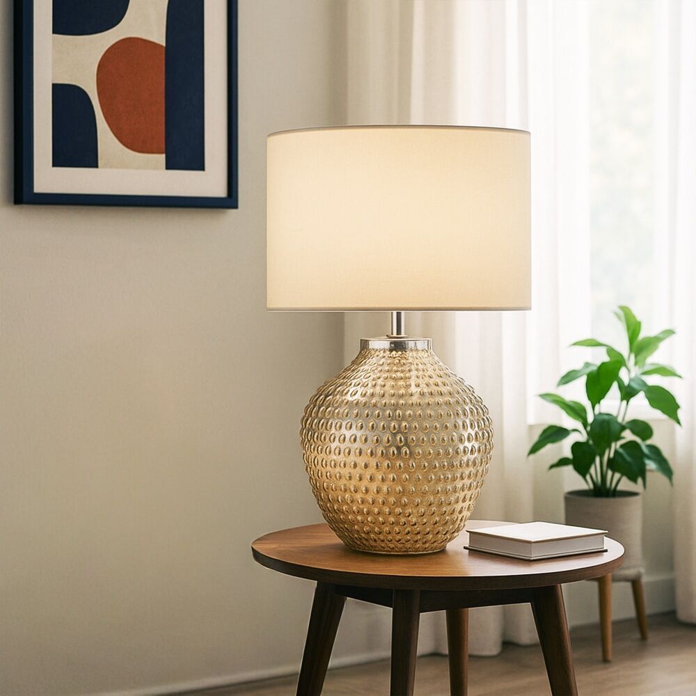 Urban Style Cassie Table Lamp Textured Glass Base Fabric Shade Decor Cream