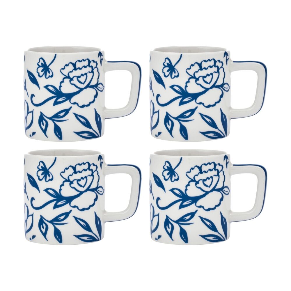 4PK La Cafetiere Blu Fiorato Floral Pattern Ceramic Espresso Cup Mug White 120ml