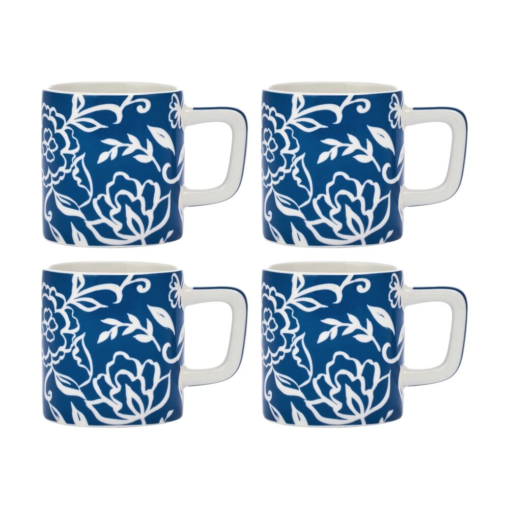 4PK La Cafetiere Blu Fiorato Floral Pattern Ceramic Espresso Cup Mug Blue 120ml