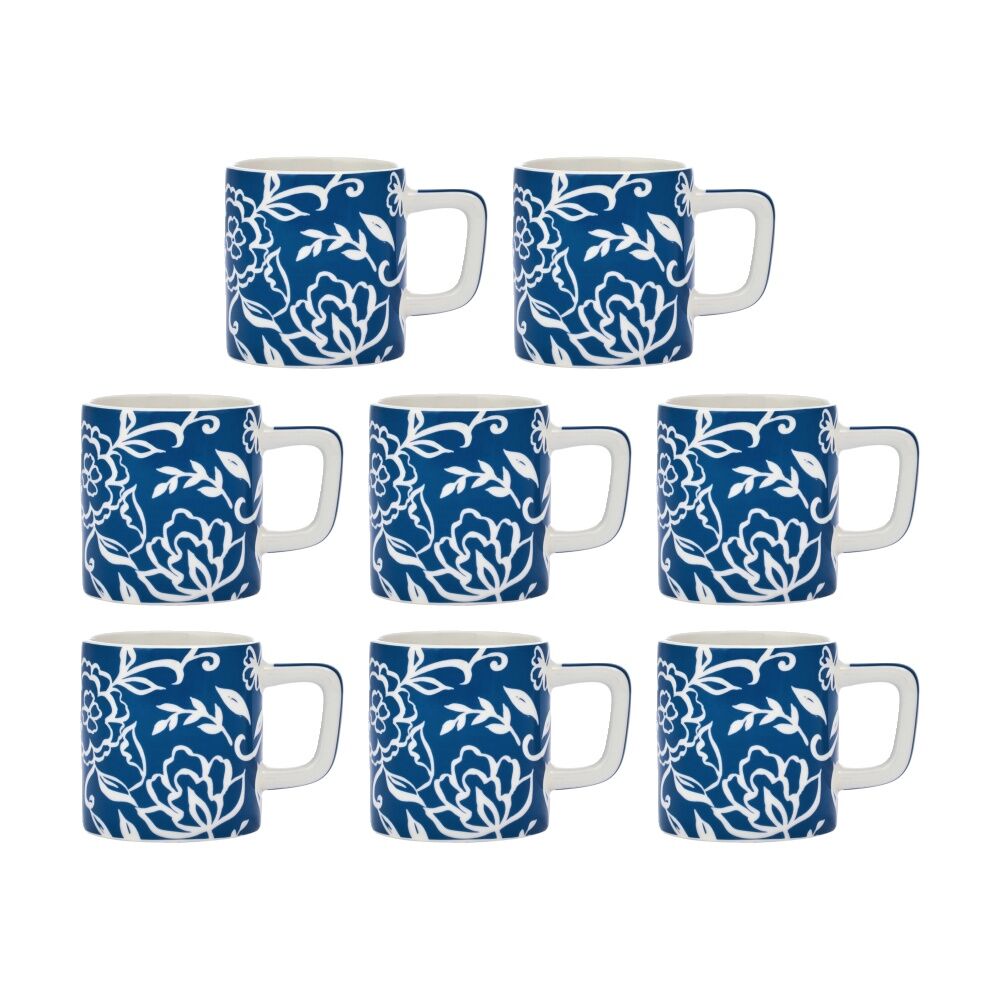 8PK La Cafetiere Blu Fiorato Floral Pattern Ceramic Espresso Cup Mug Blue 120ml