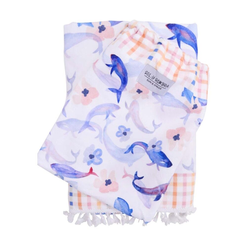 LVD Kids Blue/Pink Whale Microfibre Poncho Towel W/ Pockets 70x70cm