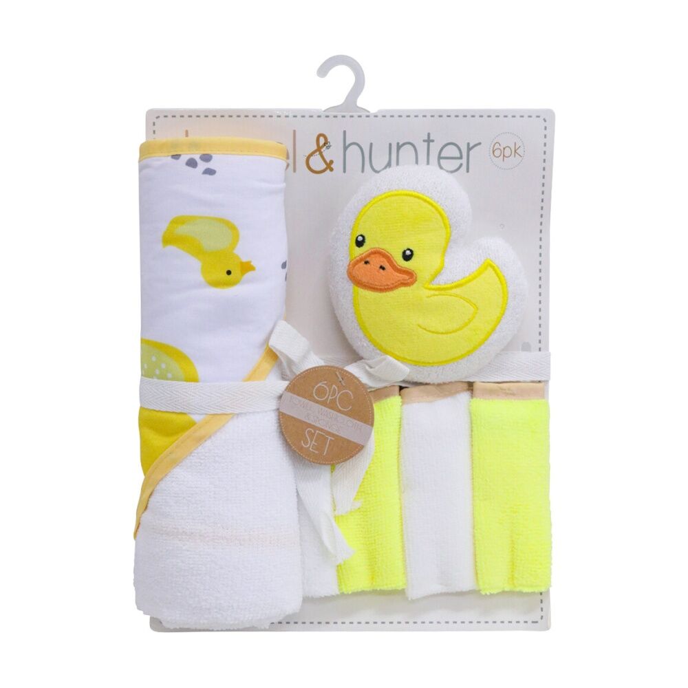6pc LVD Kids Bathtime Hooded Bath Towel Washcloths and Sponge Set Duck
