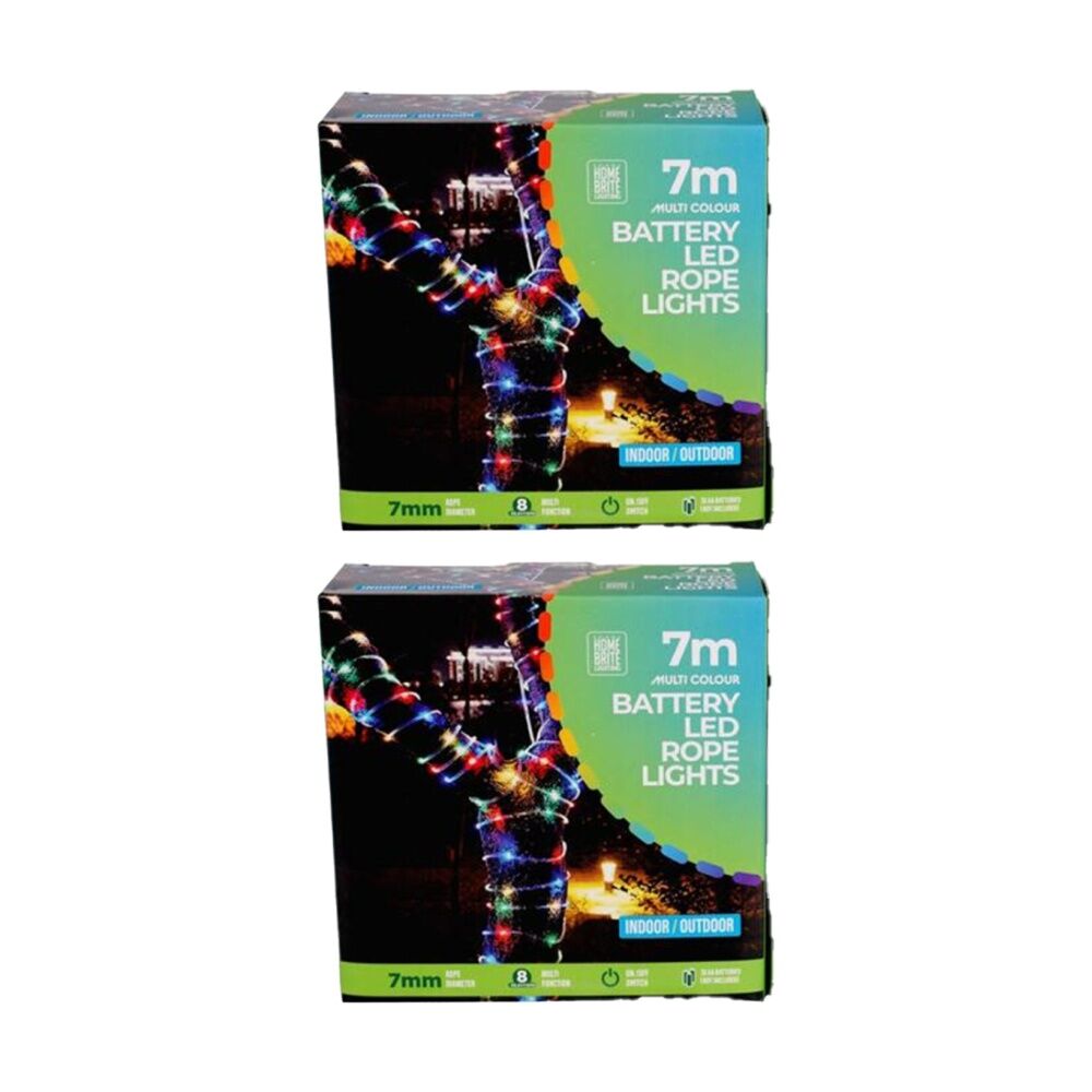 2PK Home Brite Battery Operated Outdoor LED Rope String Lights 7 Metres Assorted