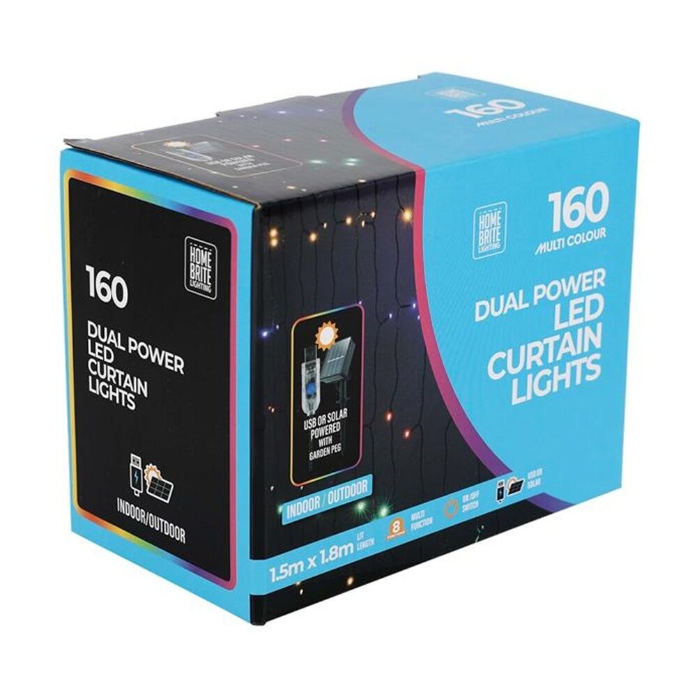 2PK Home Brite Outdoor 160LED Solar Curtain String Lights 1.5x1.8m Multi Colour