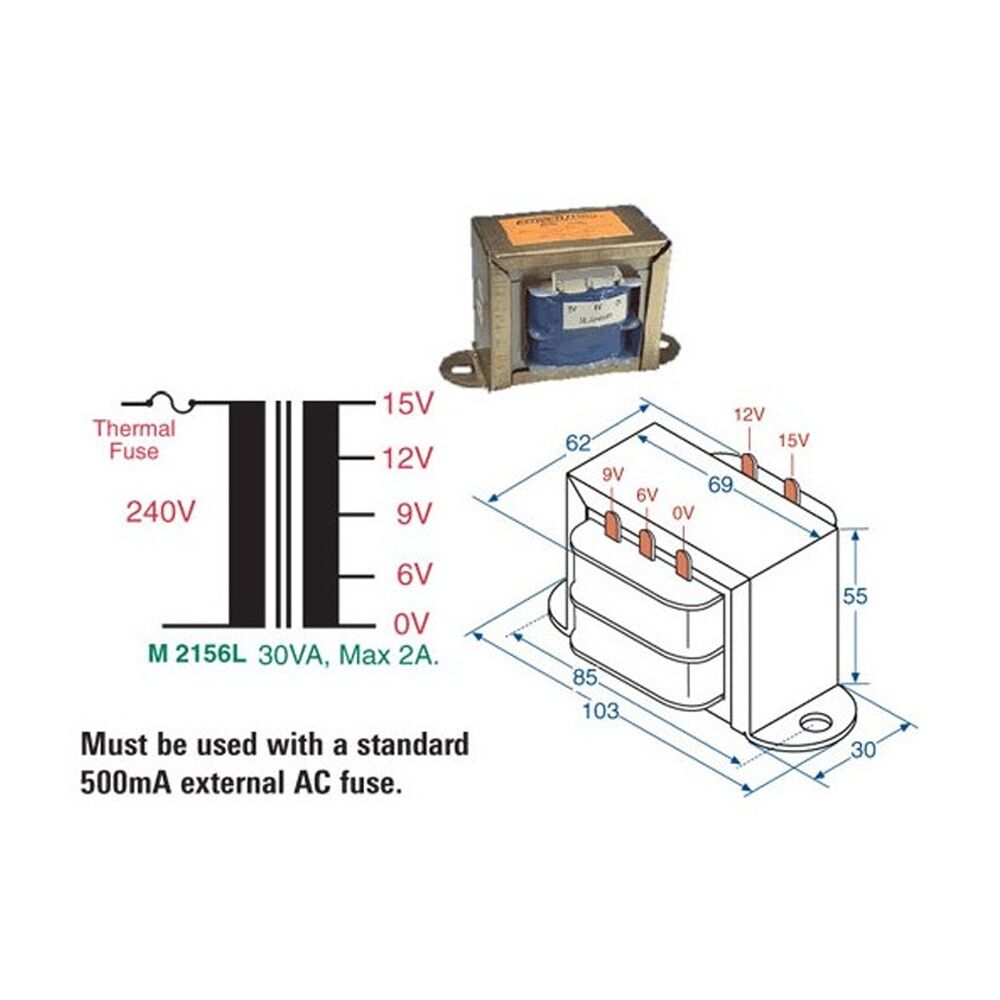 Powertran 6.3V-15V 2A Mains Transformer 30Va Multiple Tapped Voltages
