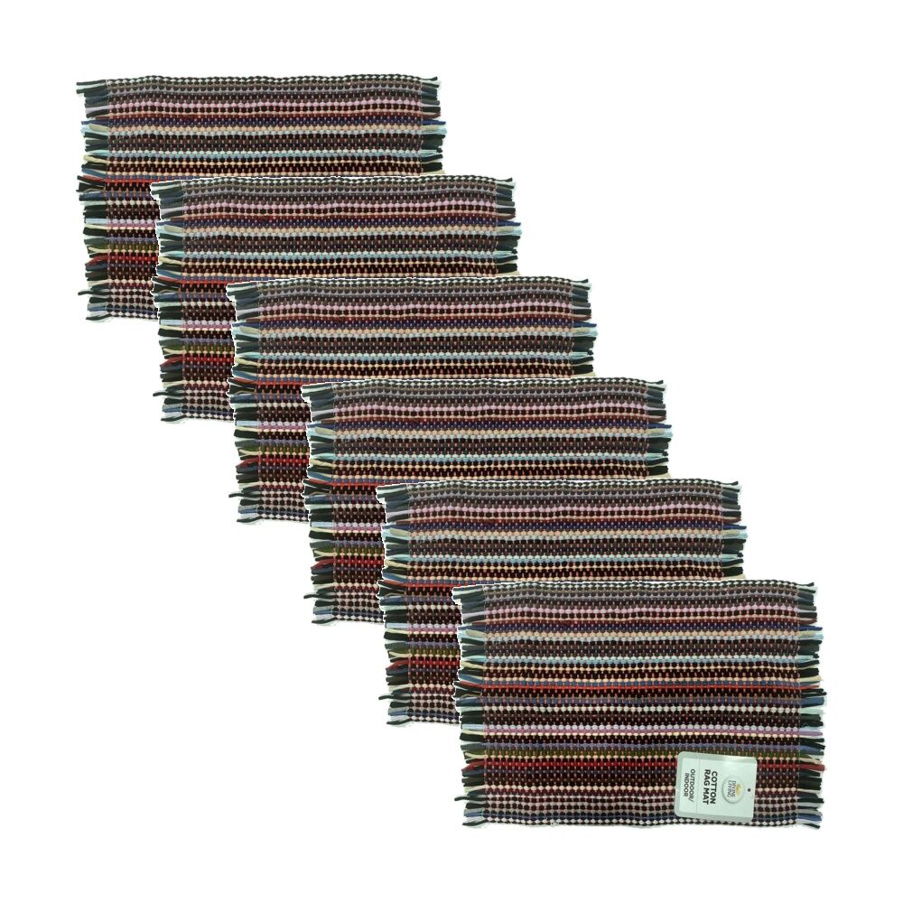 6PK Braz Cotton Woven Fringed Indoor Outdoor Rag Mat 38x58cm Multi Colour