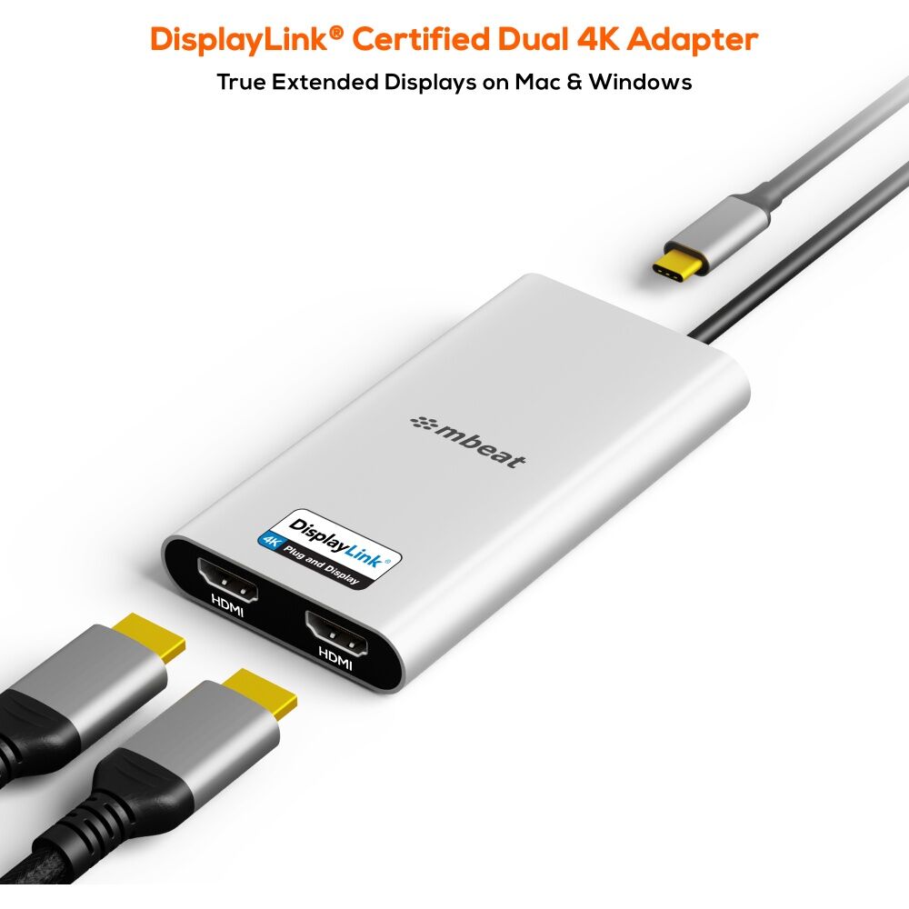 mbeat USB-C Dual 4K HDMI DisplayLink Adapter With PD Pass-Through Charging