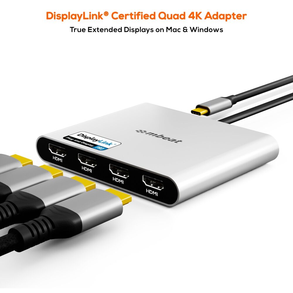 mbeat USB-C Quad 4K HDMI DisplayLink Adapter With PD Pass-Through Charging