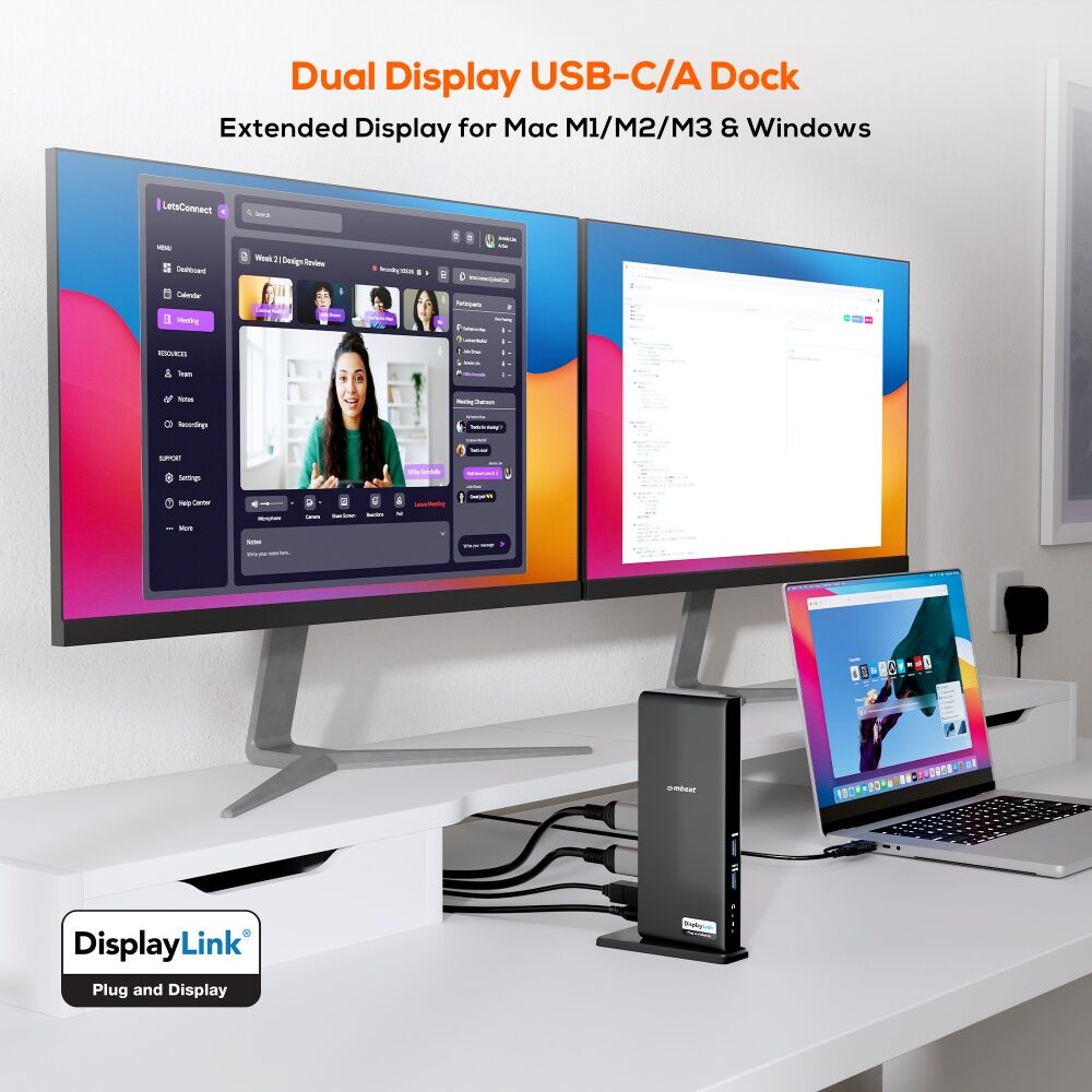 mbeat USB-C/A Dual HDMI DisplayLink Docking Station Mac/Windows